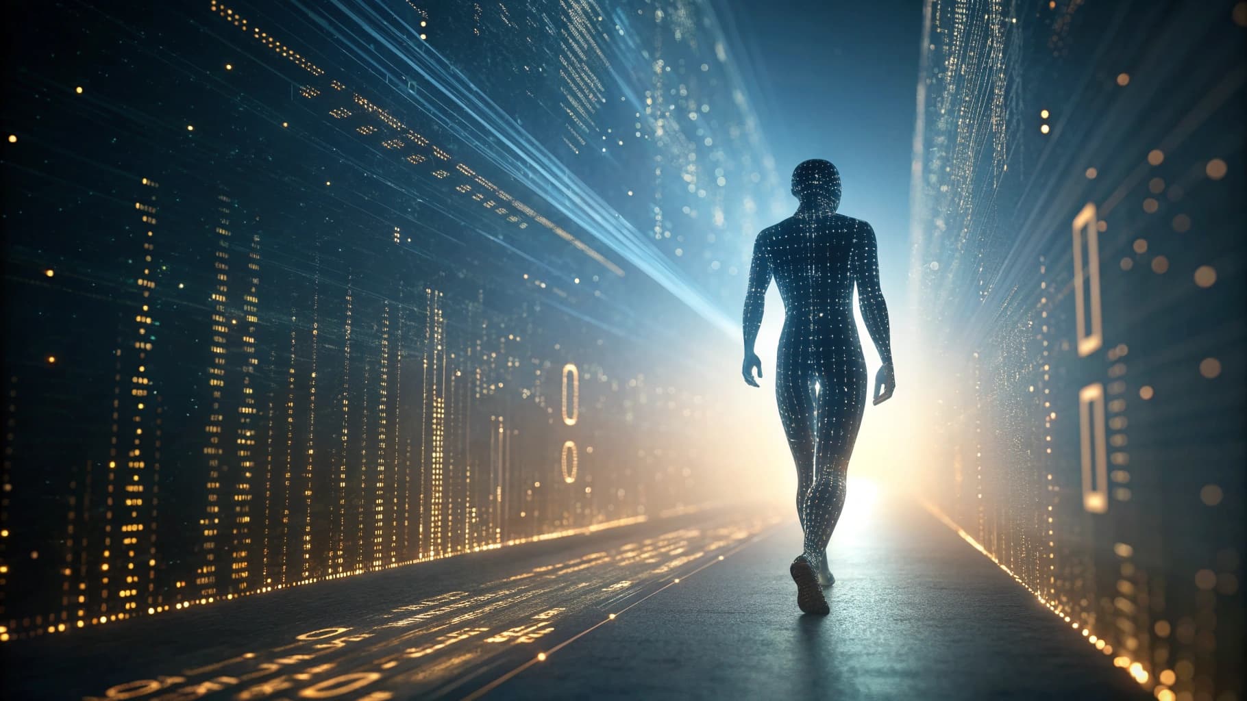 تصور فني فلسفي يظهر تطور الإنسان الرقمي من الصفر إلى اللانهاية