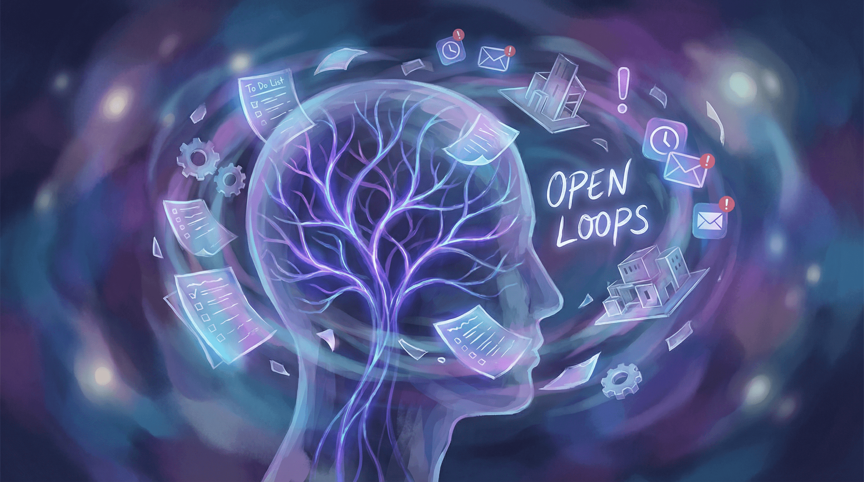تصور فني لعقل بشري مع حلقات مفتوحة معلقة